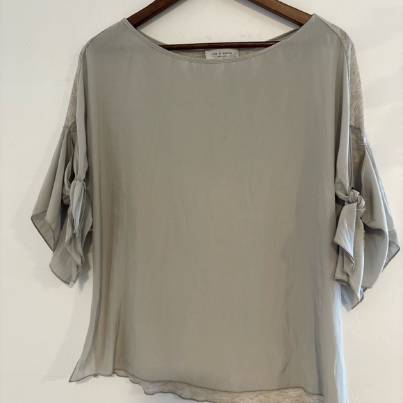 Lola & Sophie Tops - Lola & Sophie Light Gray & green Blouse with Tie Sleeves | quiet luxury $138